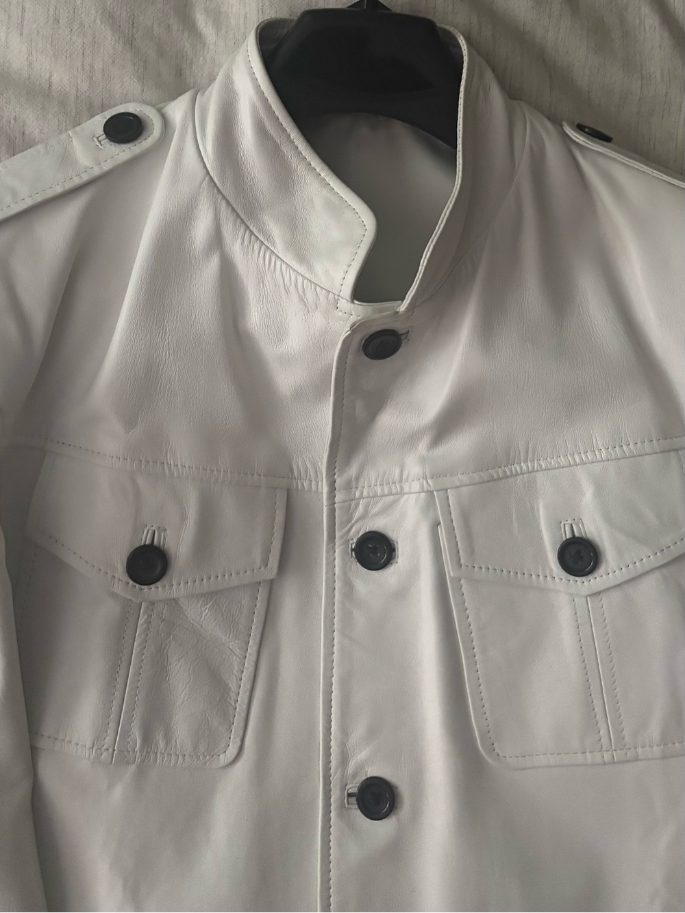 Men's White Leather Button-Front Utility Jacket. Elegant military style jacket.